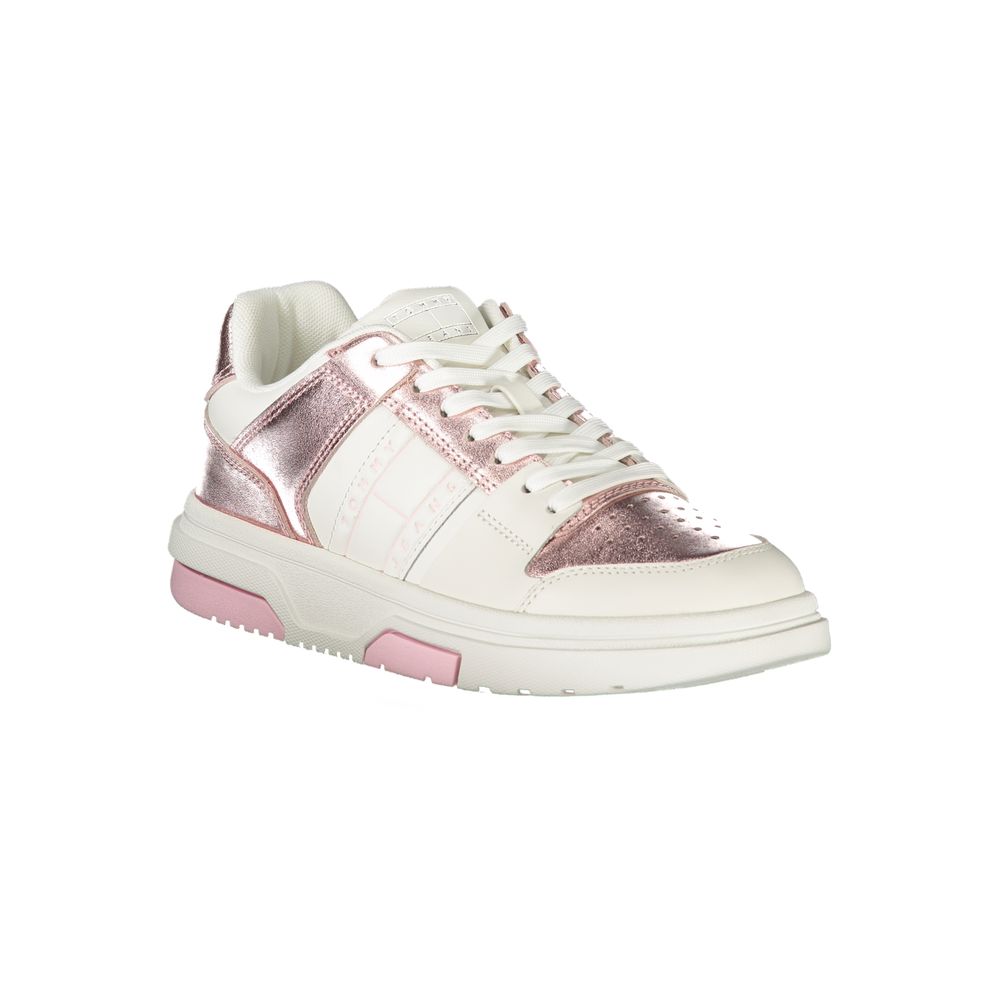 Tommy Hilfiger white and metallic pink polyurethane women's sneaker with a sporty low-top design.