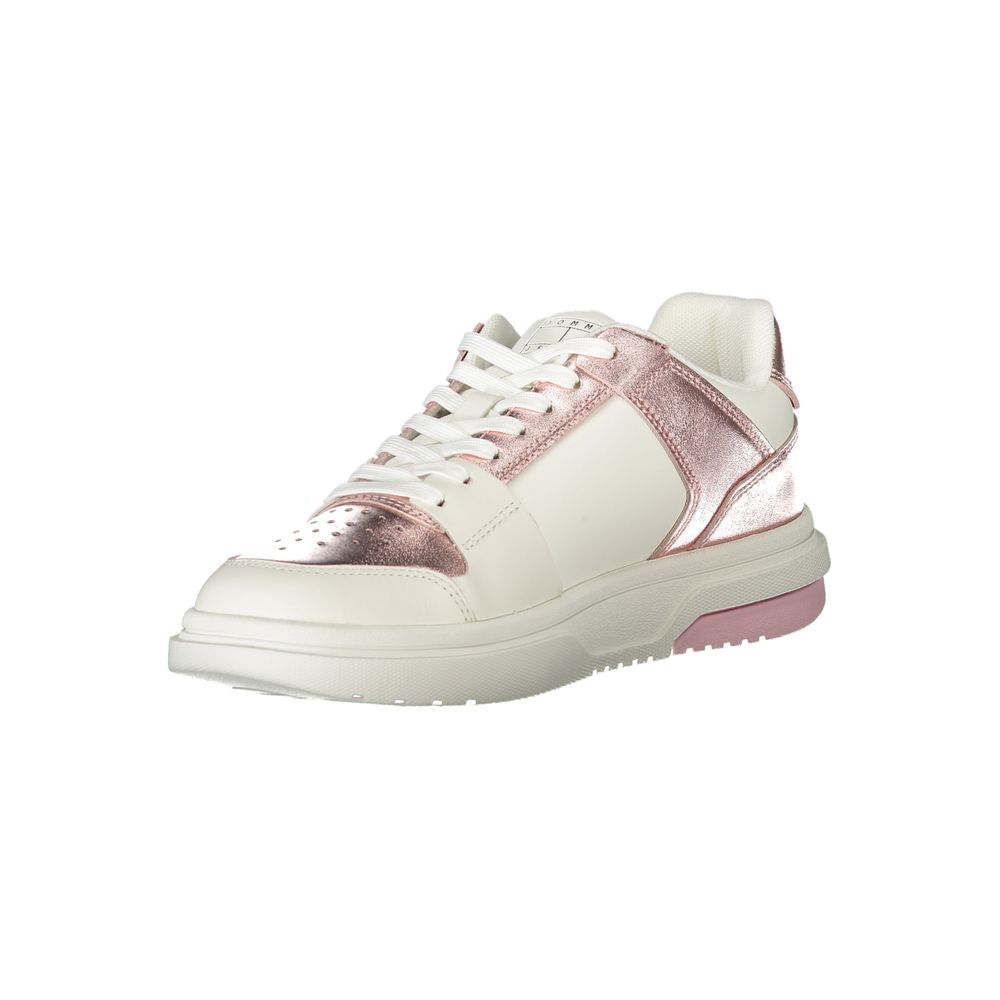 Tommy Hilfiger women’s white and metallic rose gold polyurethane sneaker with a casual, sporty lace-up style.