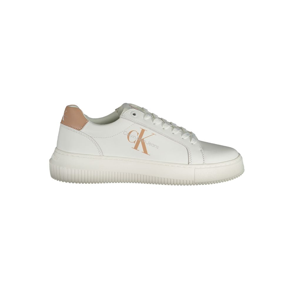 Calvin Klein white leather sneaker with lace-up closure, beige heel tab, and rose gold side logo branding.