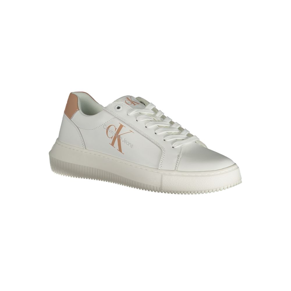 White leather Calvin Klein low-top sneaker with rose gold logo detailing, white laces, and a textured platform sole.