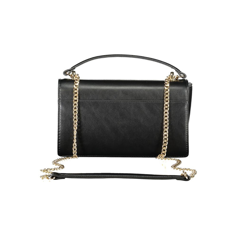 Black polyurethane women's handbag with a top handle and gold clasp closure