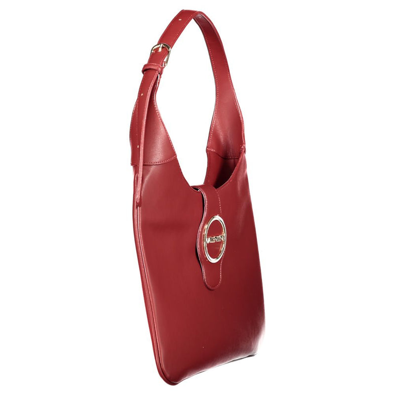 Red polyurethane women's hobo bag with a shoulder strap and round gold-tone clasp