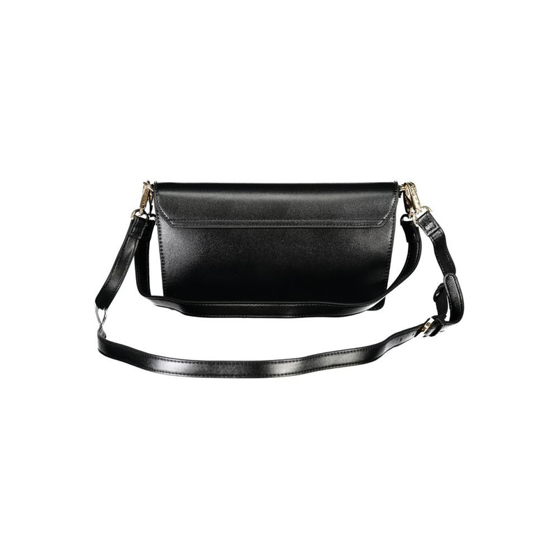Black polyurethane women's crossbody bag with a flap closure and adjustable strap