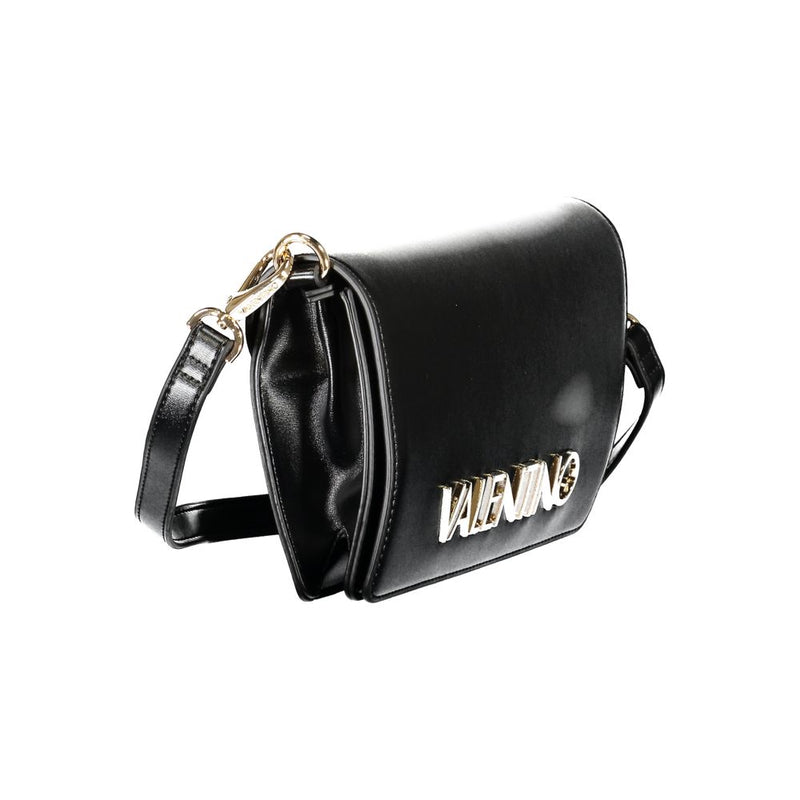 Black polyurethane crossbody bag with a flap closure and gold-tone logo lettering