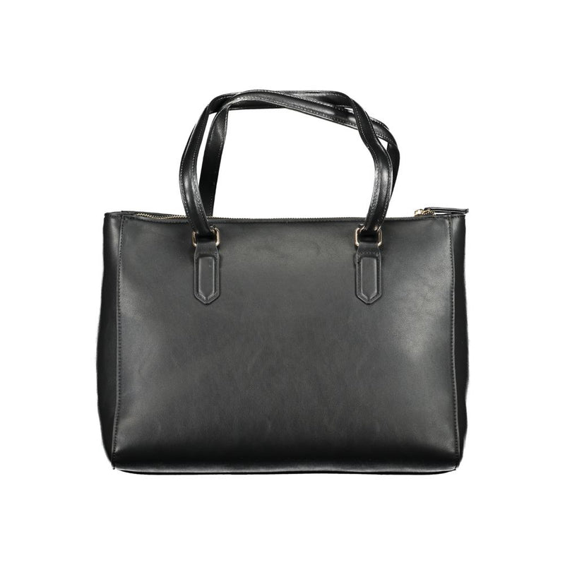 Black polyurethane women's tote bag with dual shoulder handles