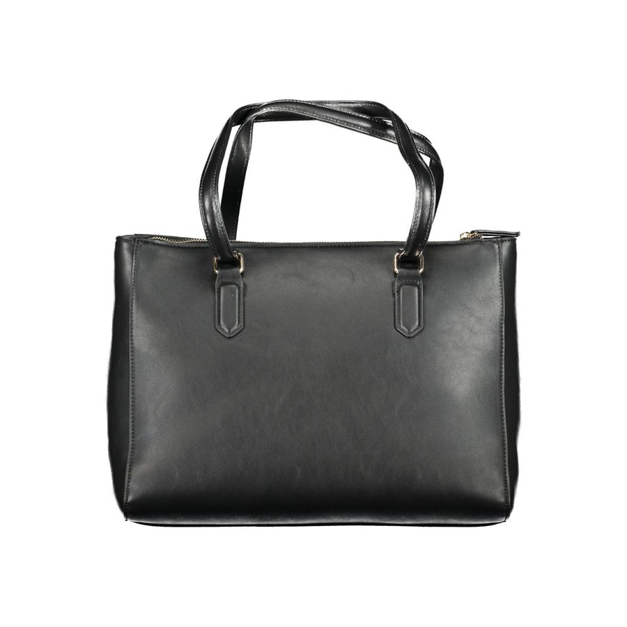 Black polyurethane women's tote bag with dual shoulder straps and a gold logo emblem