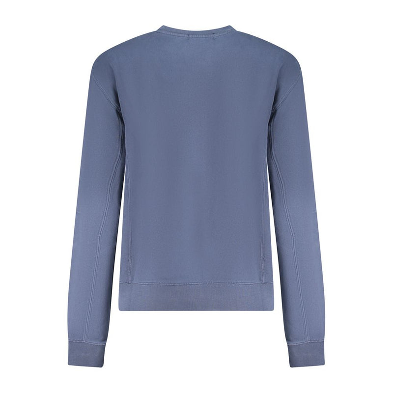 Back of a plain blue cotton women's crewneck sweatshirt