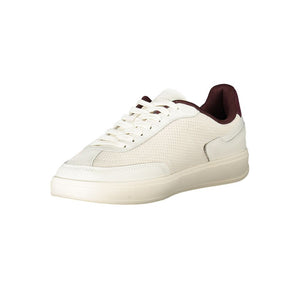 Tommy Hilfiger beige polyurethane women’s lace-up sneaker with perforated detailing and burgundy collar.