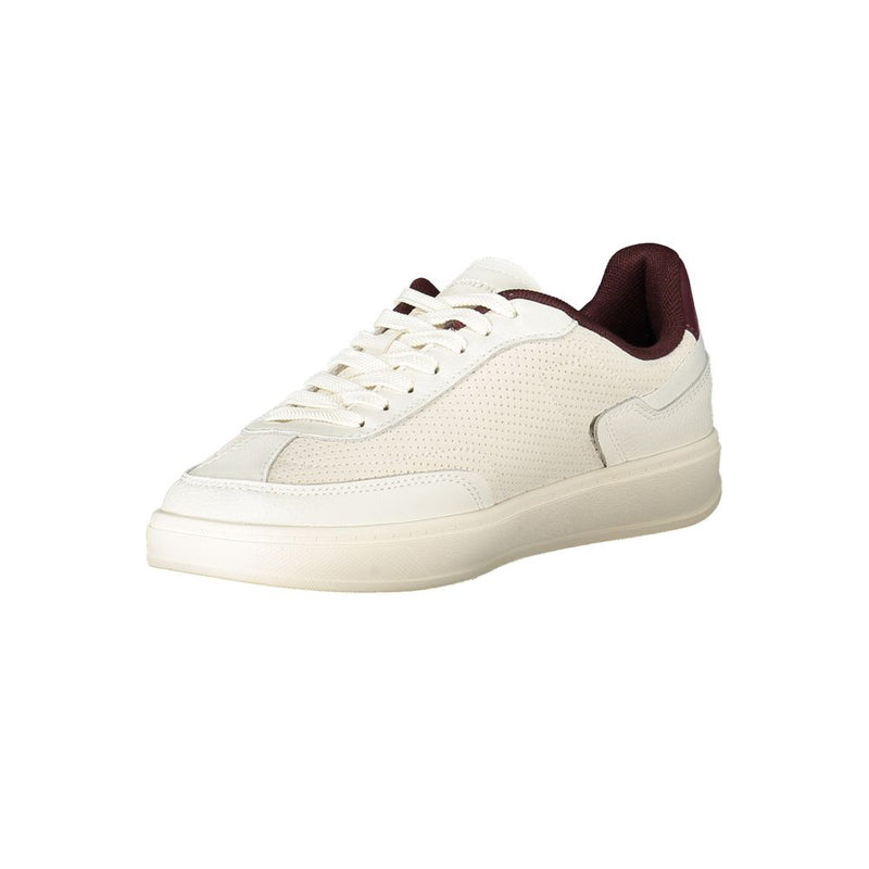 Tommy Hilfiger beige polyurethane women’s lace-up sneaker with perforated detailing and burgundy collar.