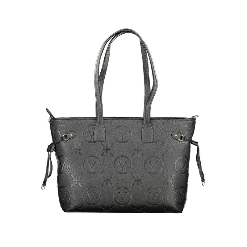 Black polyurethane tote bag with embossed logo pattern and dual shoulder straps