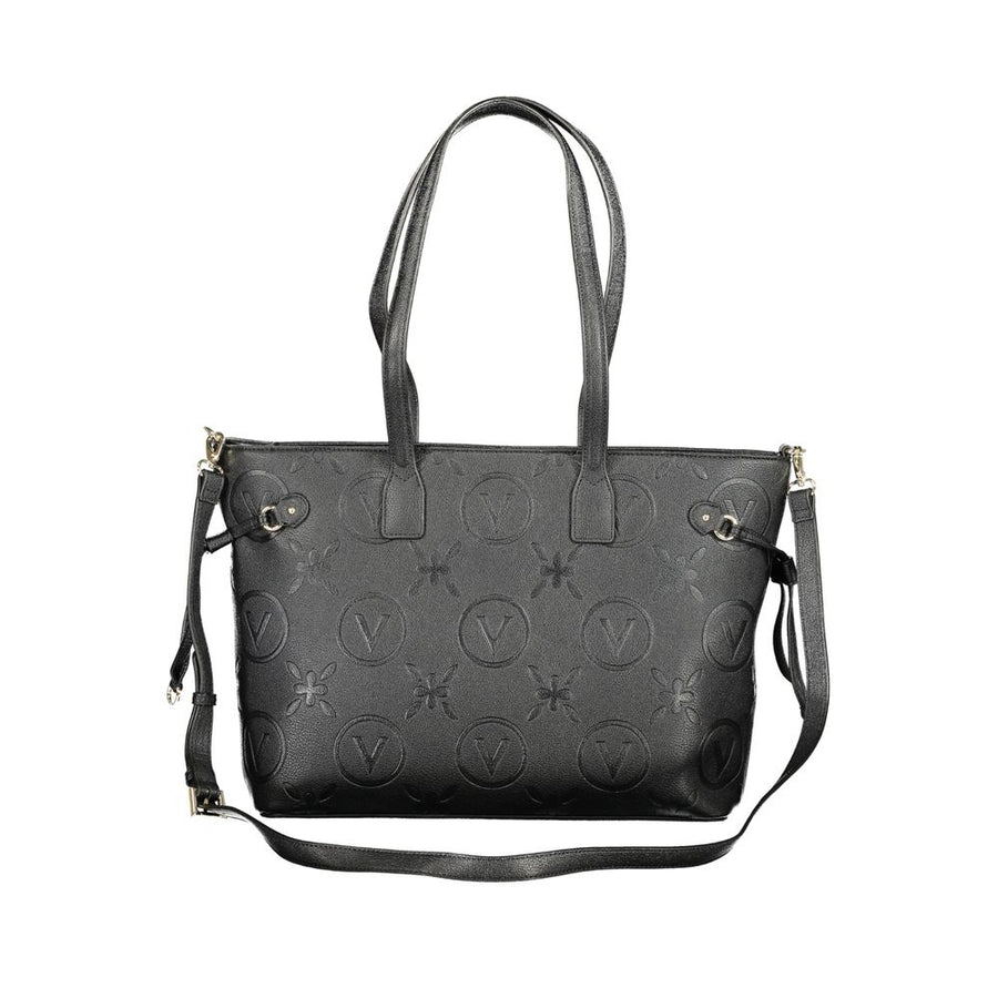 Black polyurethane tote bag with embossed logo pattern and dual shoulder straps