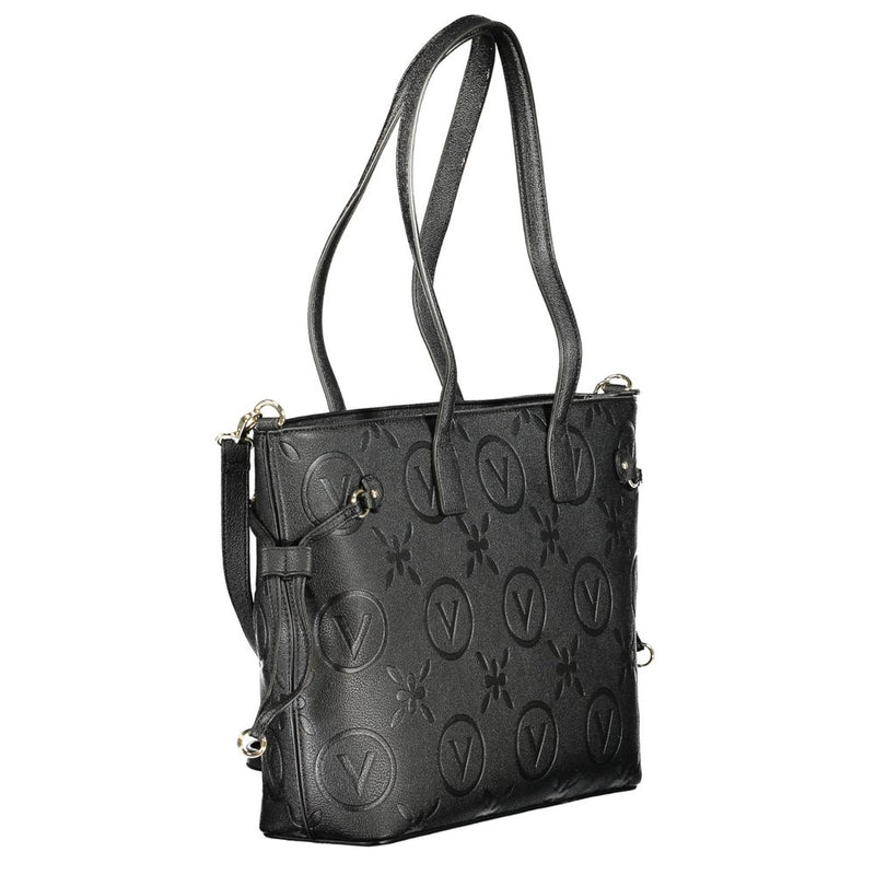 Black polyurethane tote bag with embossed V logo pattern and dual shoulder straps