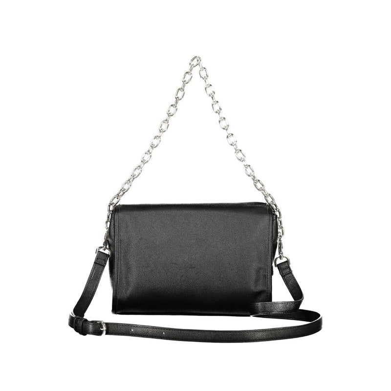 Black polyurethane women's shoulder bag with a silver chain strap and a detachable black strap