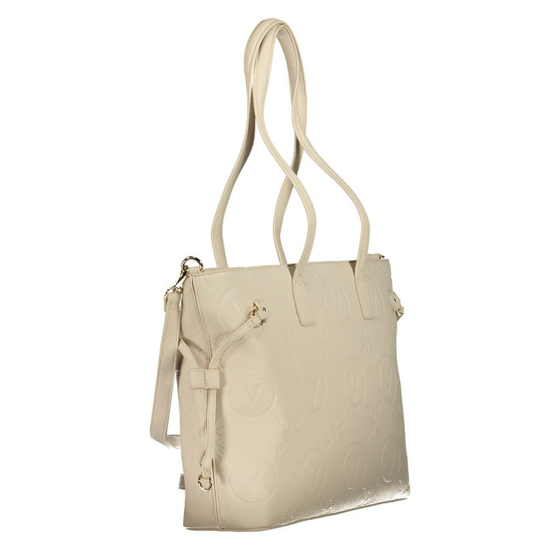 Beige polyurethane women's tote bag with embossed logo pattern, dual shoulder straps, and side ties