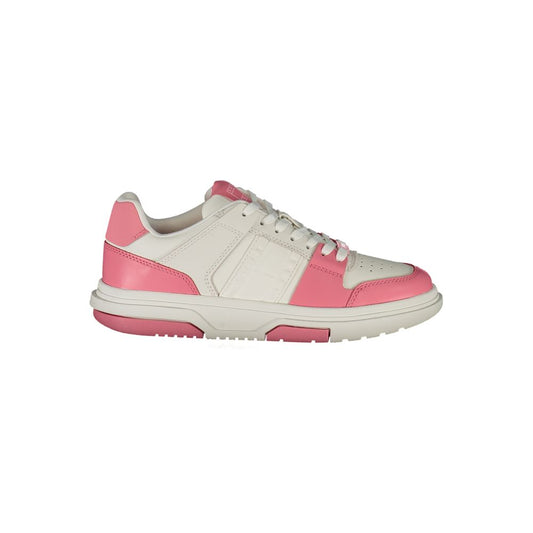 Tommy Hilfiger women's casual sneaker in cream and pink polyurethane with a chunky sole and lace-up design.