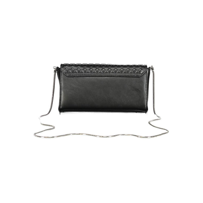 Black polyester women's shoulder bag with a quilted flap and silver chain strap