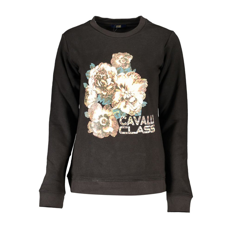 Black cotton women sweatshirt with floral graphic and Cavalli Class logo on the front