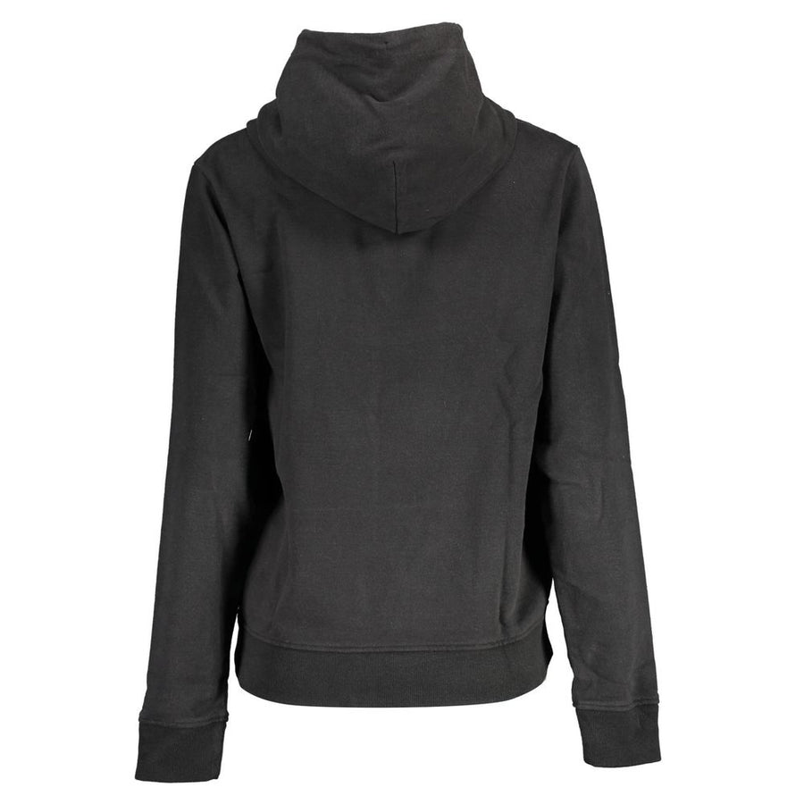 Black cotton women's hoodie with a graphic print and white text on the front