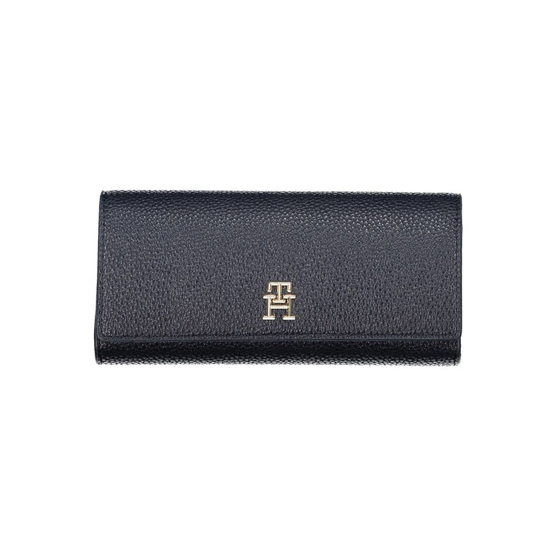 Dark blue textured polyurethane women's wallet with a gold logo on the flap closure