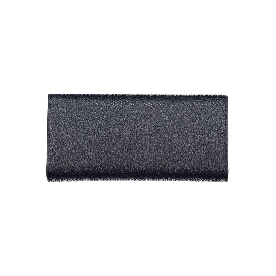 Dark blue textured polyurethane women's wallet with a gold logo on the flap closure