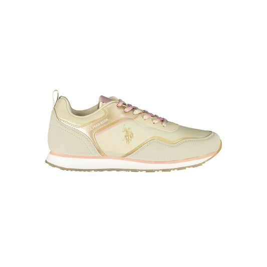 Beige U.S. Polo Assn. women's sneakers in polyurethane and suede with pink accents and a logo on the side.