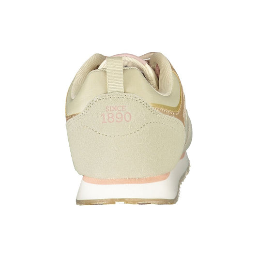 Back view of U.S. Polo Assn. beige polyurethane sneakers with "SINCE 1890" embroidery and pink detailing.