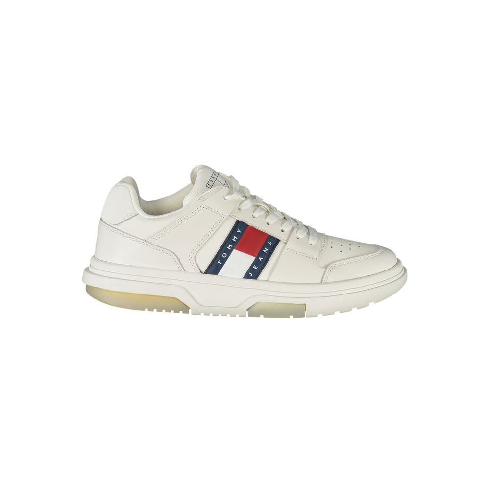 Tommy Hilfiger white leather women’s sneaker with signature logo branding and a chunky platform sole.