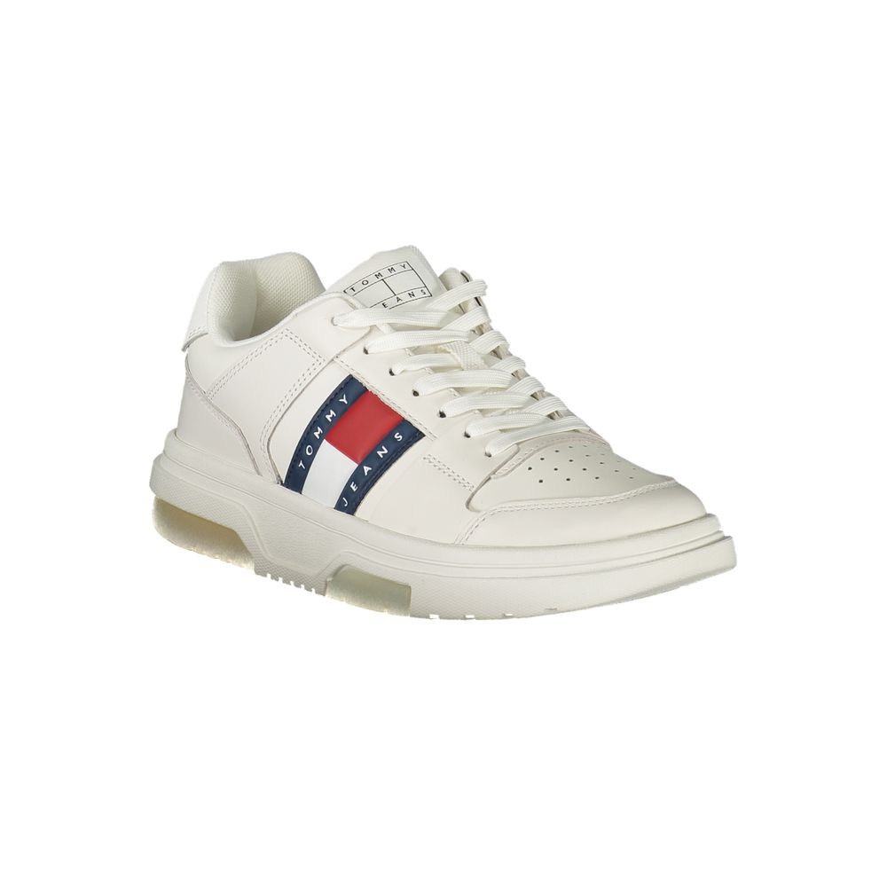 Tommy Hilfiger white leather women's lace-up sneaker with iconic brand logo side stripe.