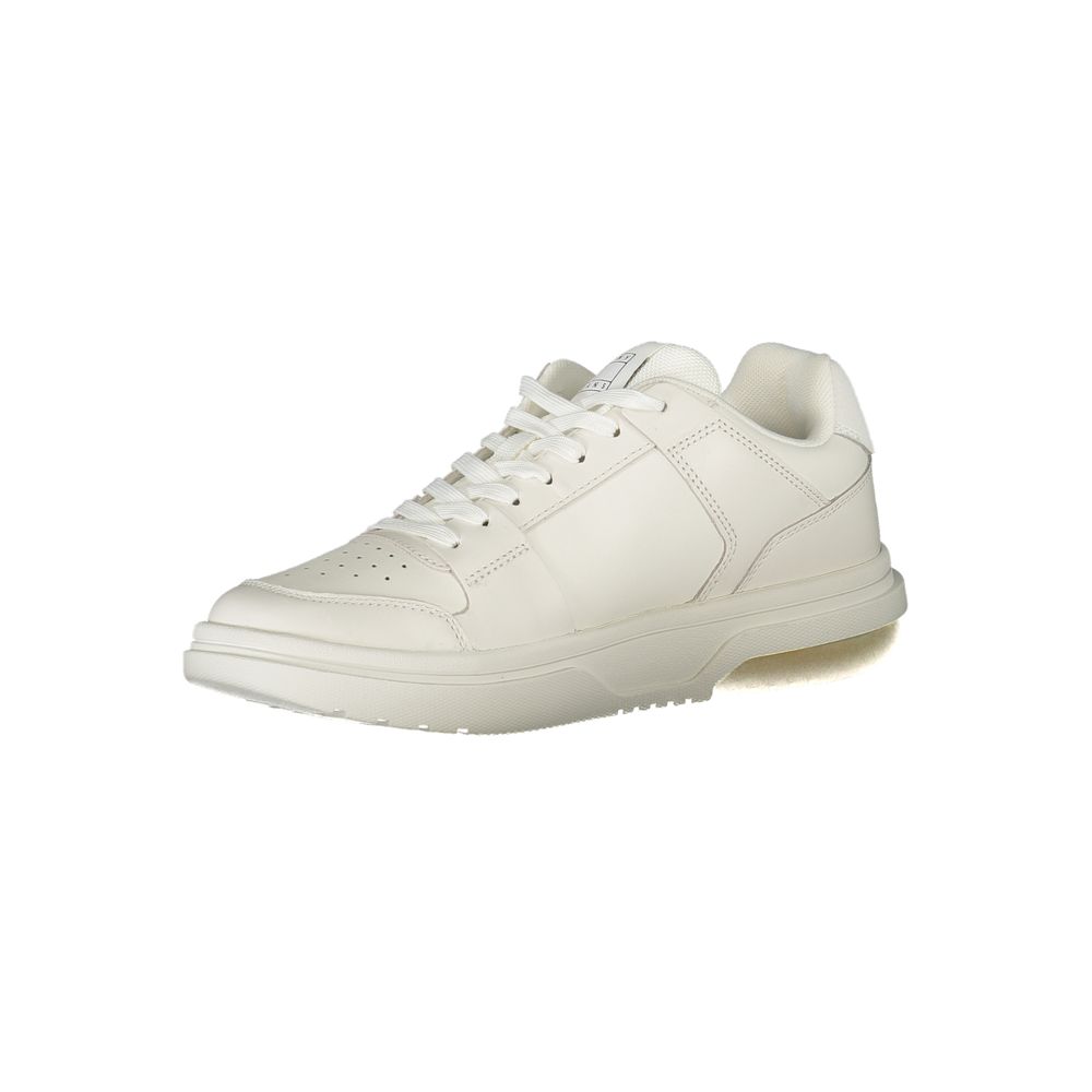 Tommy Hilfiger women's white leather sneaker in a classic low-top court style with lace-up closure.