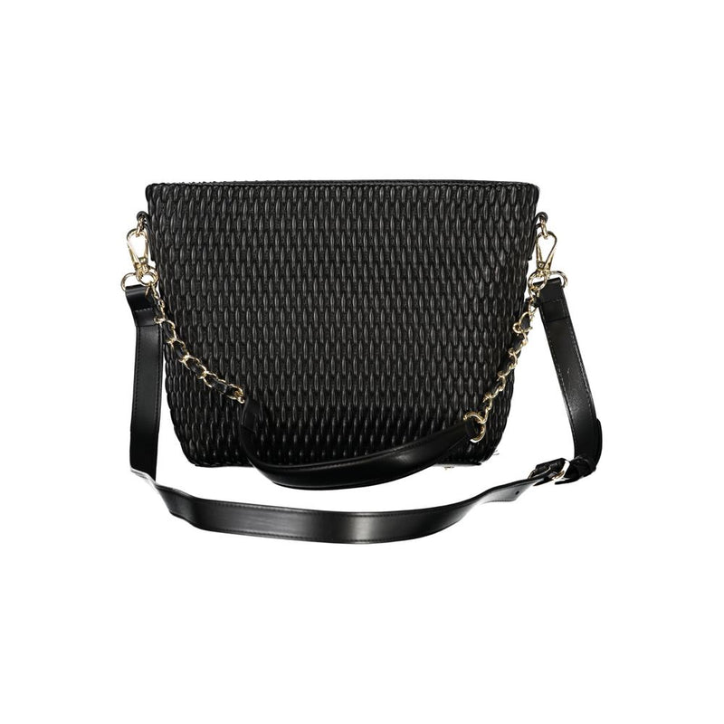 Black polyurethane quilted women's shoulder bag with a gold chain and a removable handle