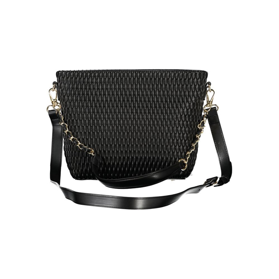 Black quilted polyurethane women's shoulder bag with gold lettering