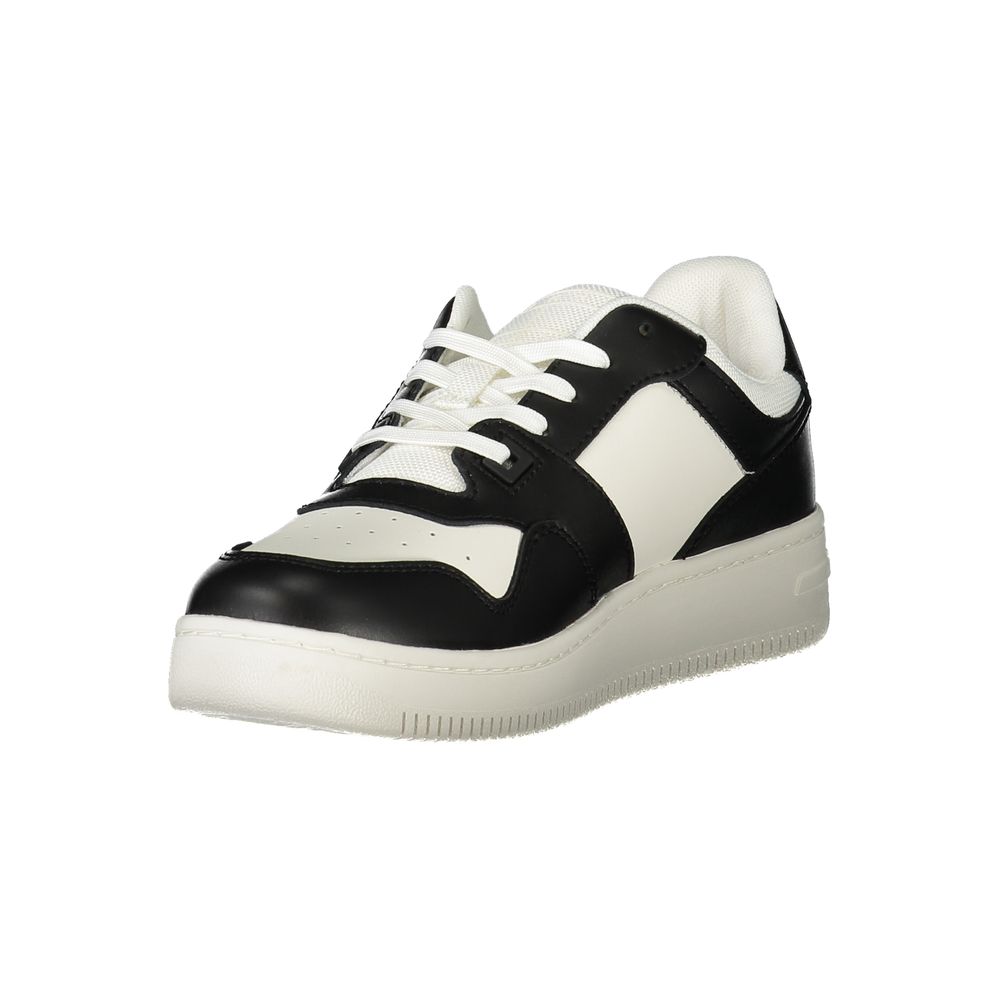 Tommy Hilfiger women's black and white polyurethane low-top sneaker with lace-up design.