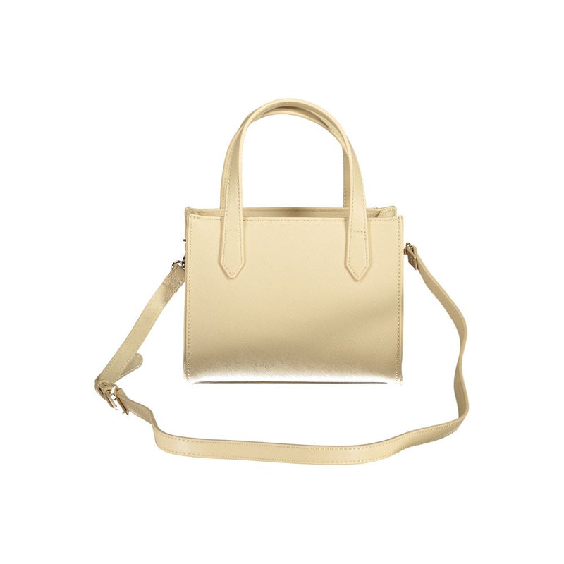 Beige polyurethane structured tote bag with dual top handles and a crossbody strap