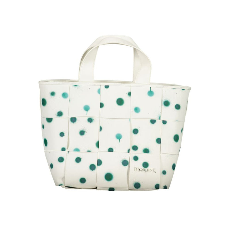 White polyurethane woven tote handbag with green polka dots and top handles