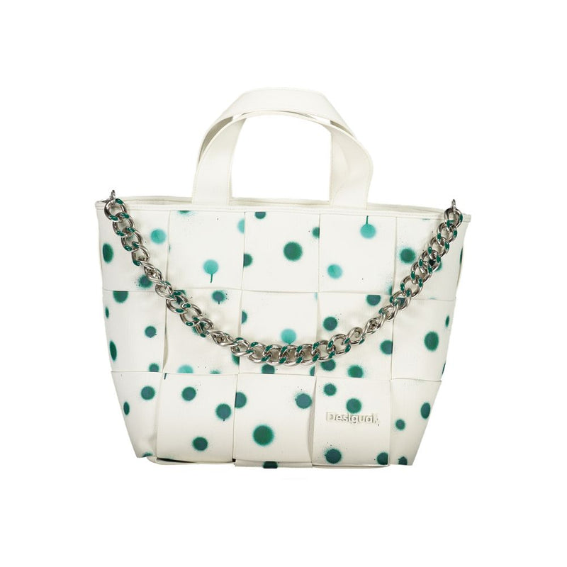 White polyurethane woven handbag with green polka dots and silver chain strap