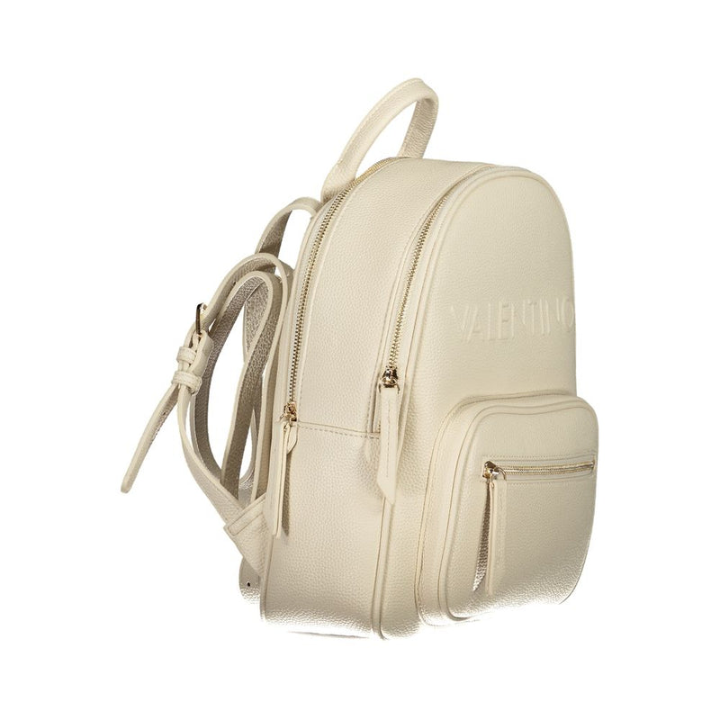 Beige polyurethane women's backpack with dual zippers and an embossed logo