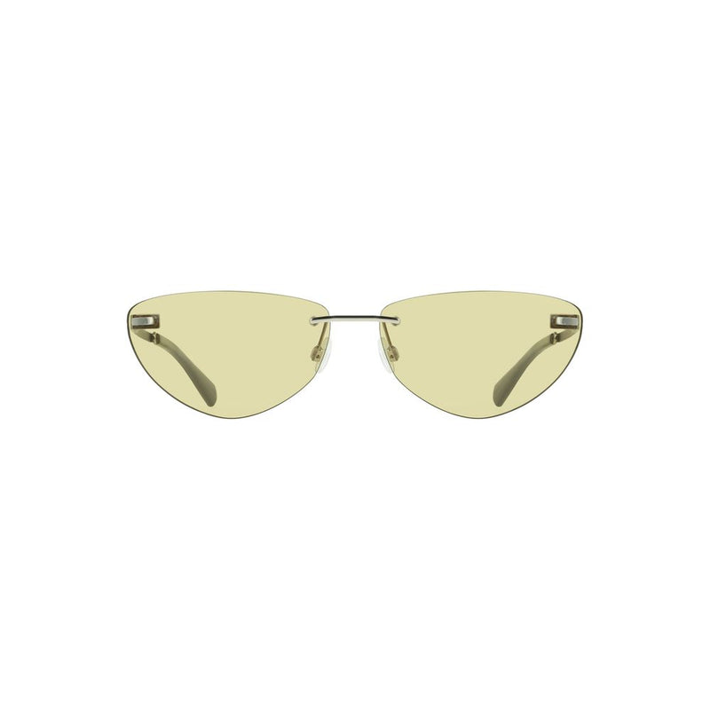 Rimless cat-eye sunglasses with pale yellow-green lenses and thin metal temples