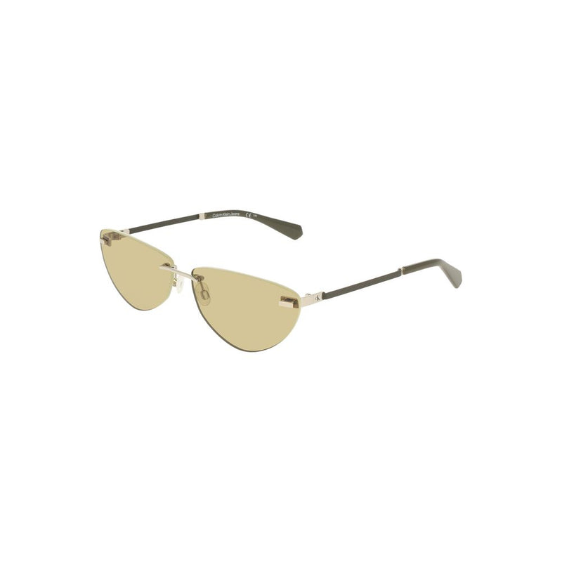 Rimless sunglasses with light green lenses, metallic accents, and thin dark temples