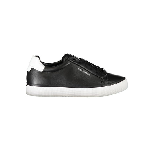 Calvin Klein black leather sneaker with a white heel tab, black laces, and a white rubber sole.