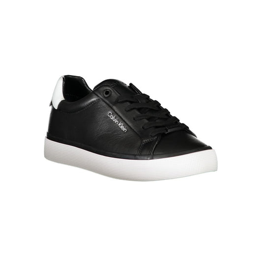 Calvin Klein black leather sneaker with white heel tab, matching laces, and a thick white rubber sole.