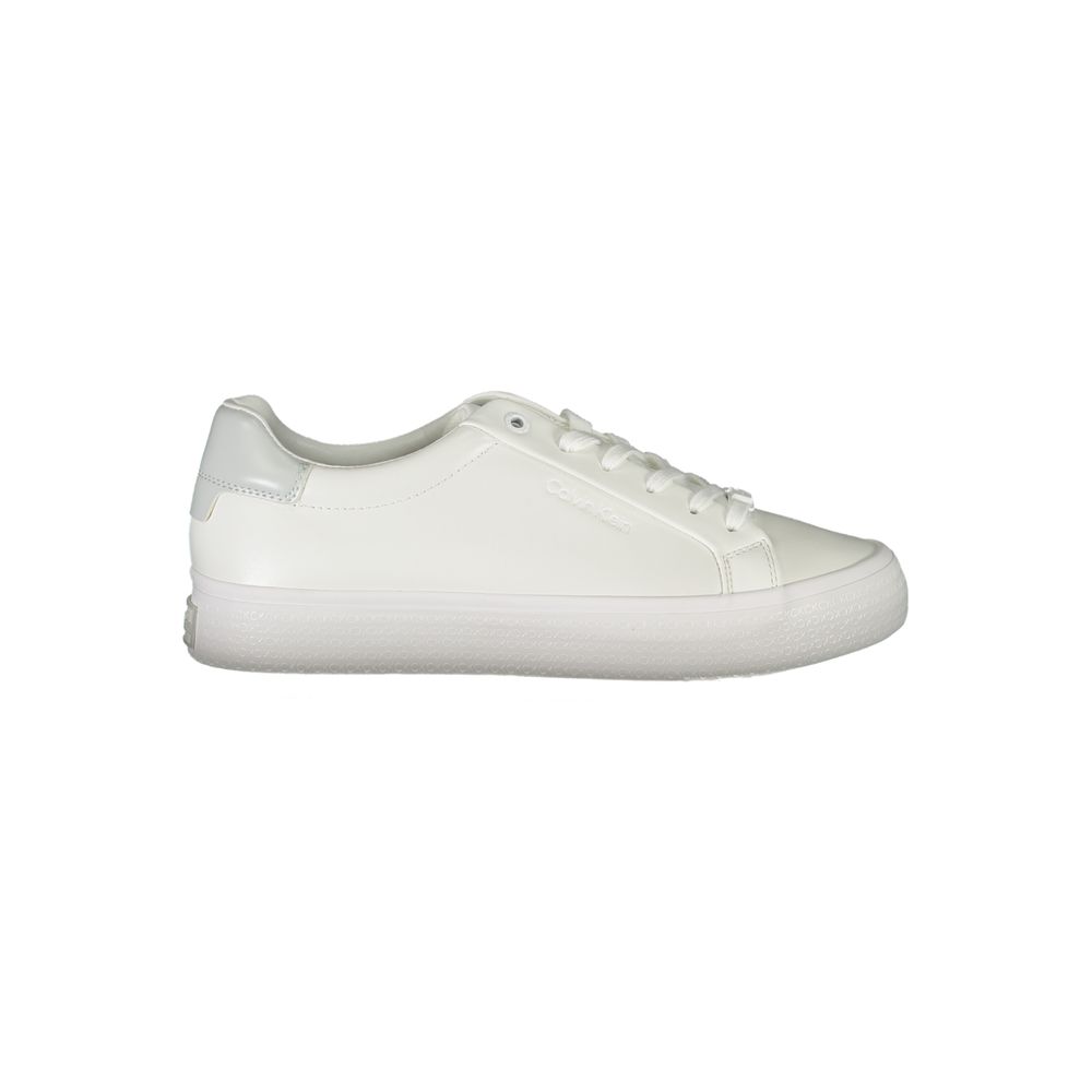 Calvin Klein white leather women’s sneaker with a lace-up low-top style and white rubber sole.