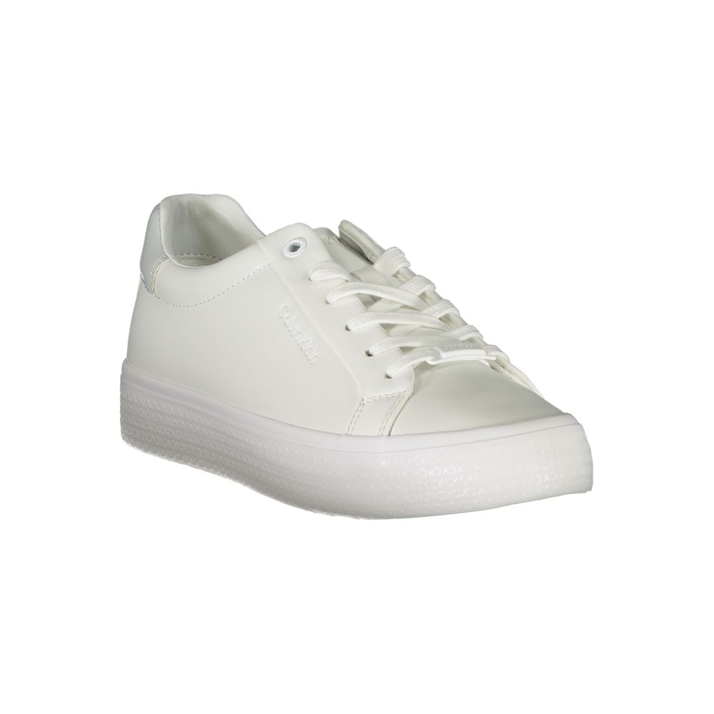White Calvin Klein leather lace-up sneaker with a classic low-top platform style.