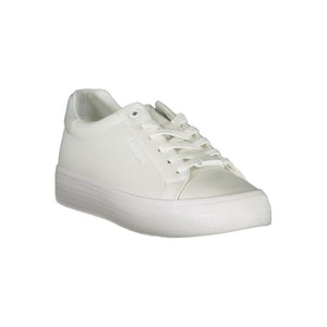 White Calvin Klein leather lace-up sneaker with a classic low-top platform style.