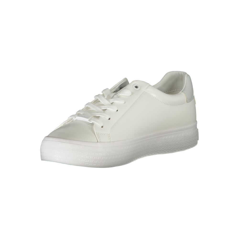 Calvin Klein women's white leather low-top sneaker with a textured logo platform sole.