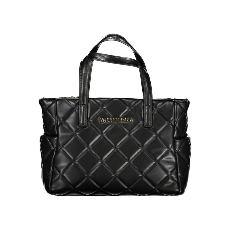 Black quilted polyurethane handbag with top handles and gold logo lettering