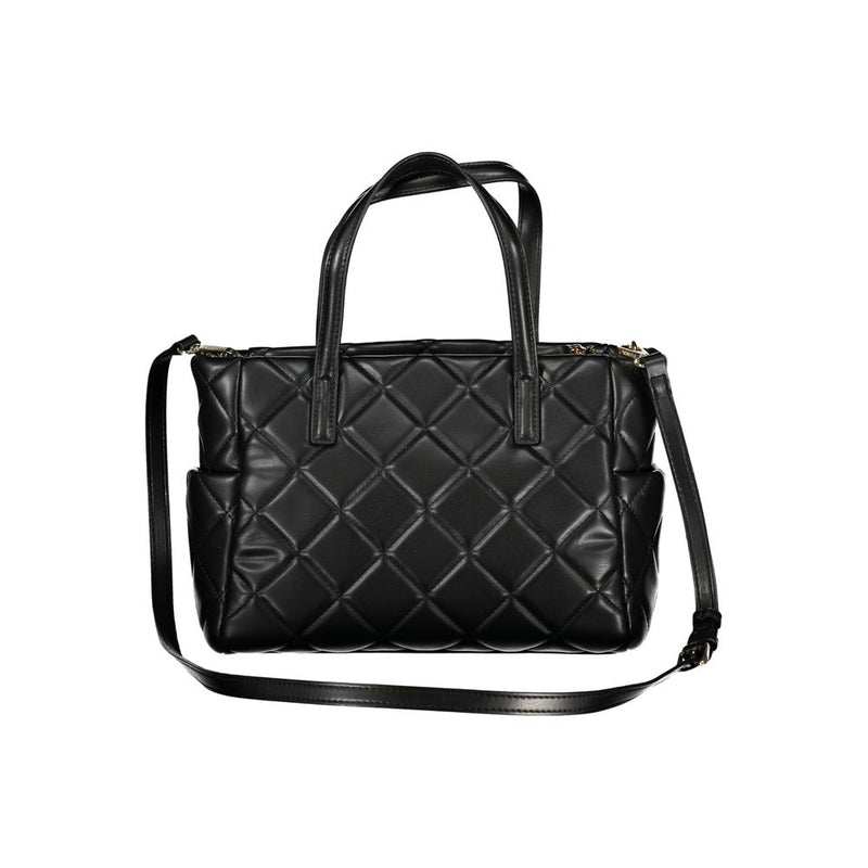 Black polyurethane quilted tote bag with top handles and a shoulder strap