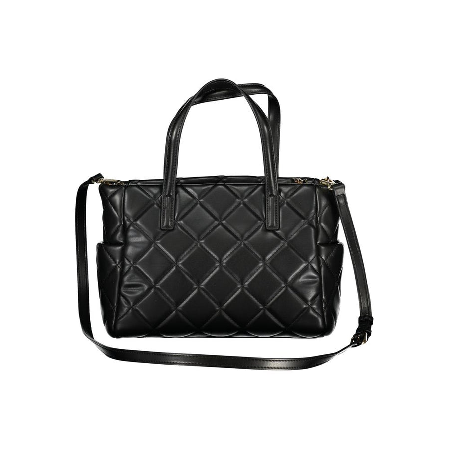 Black quilted polyurethane handbag with top handles and gold logo lettering