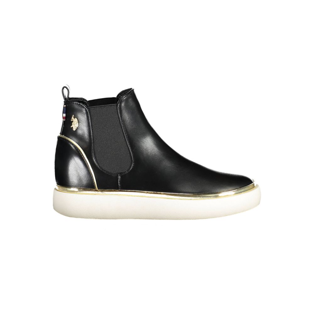 Black polyester U.S. Polo Assn. Chelsea boot with gold trim and white platform sole.