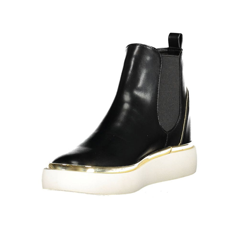 Black polyester Chelsea-style boot with gold trim and a thick white platform sole.