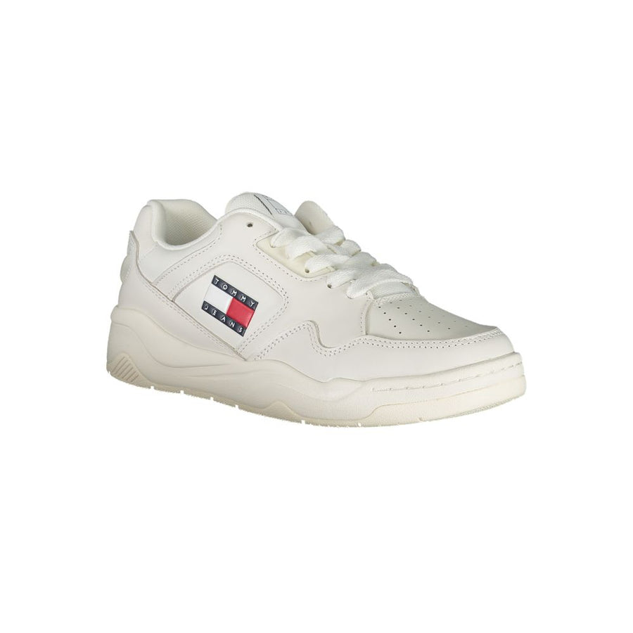 Tommy Hilfiger women’s white polyurethane casual sneaker with side logo patch on a white background.